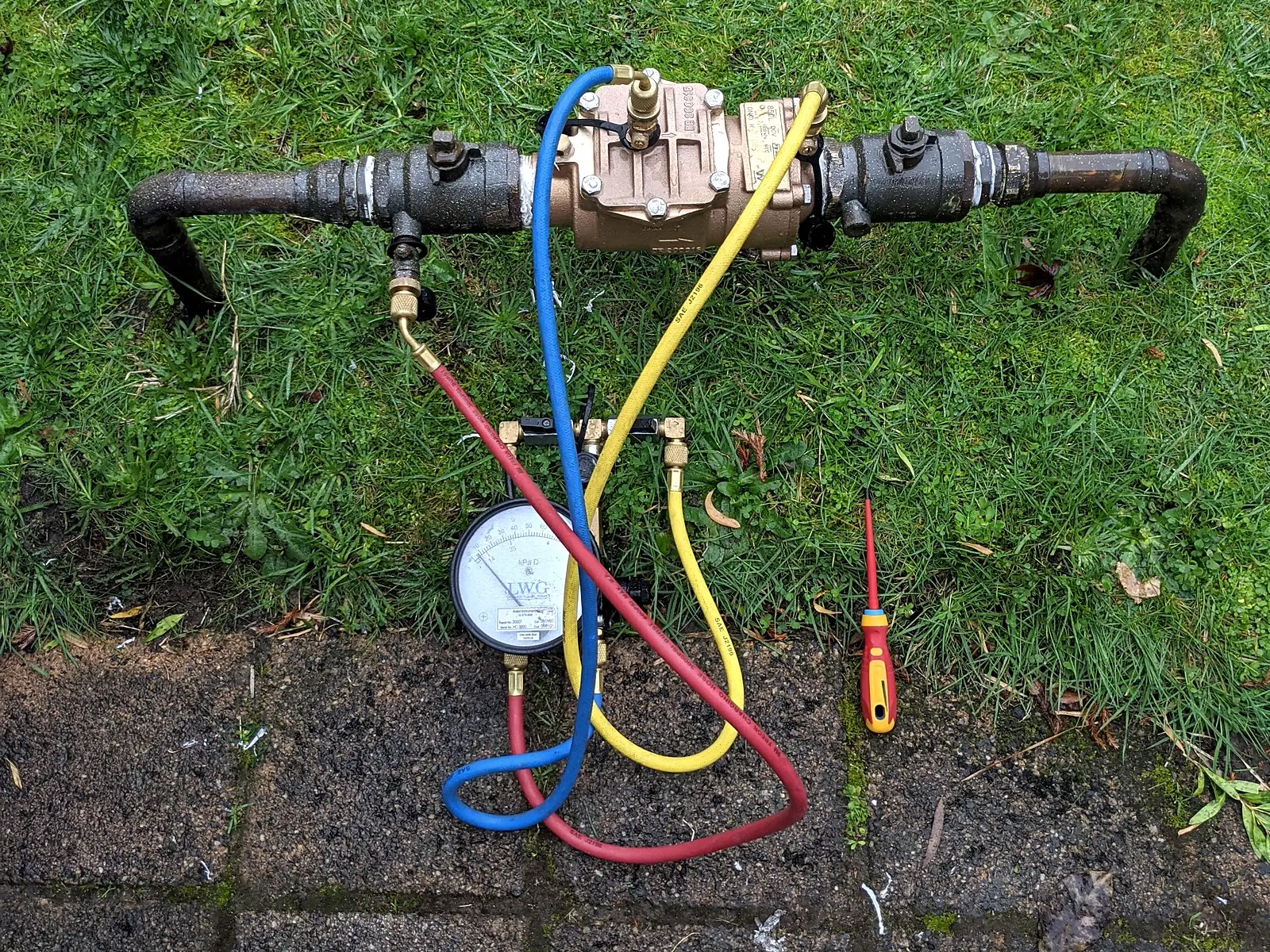A backflow prevention device with a test gauge and three test hoses connected