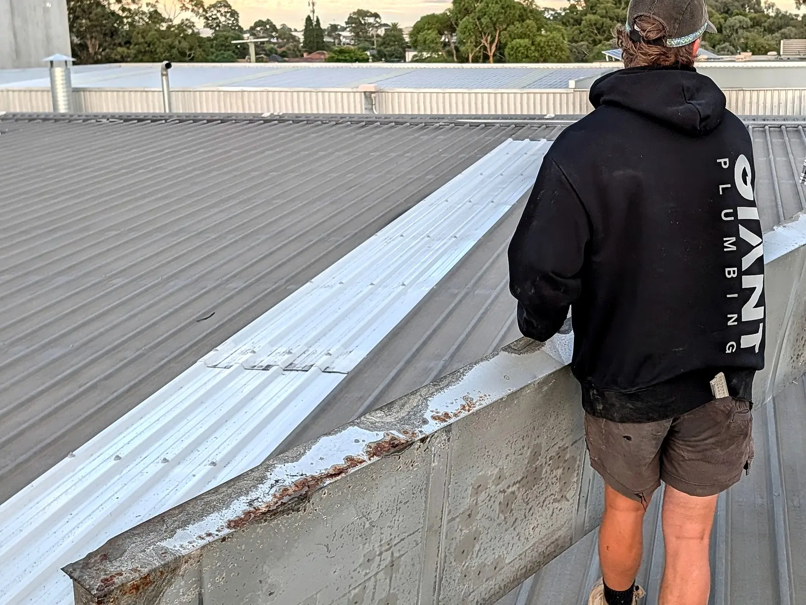 A Giant Plumbing team member carries a long new box gutter section along a metal roof