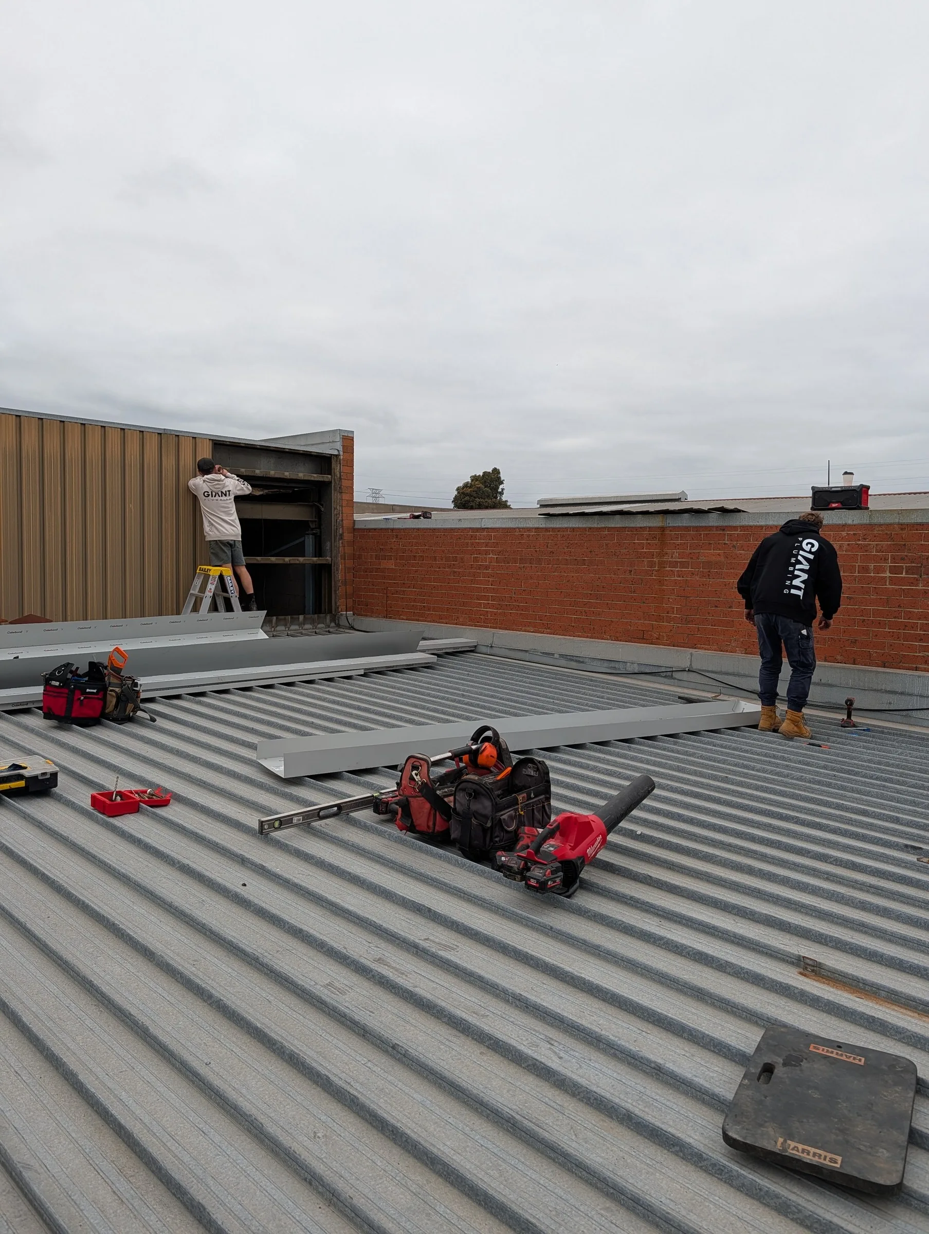 Giant Plumbing roofers replacing metal roof sheets on an industrial building